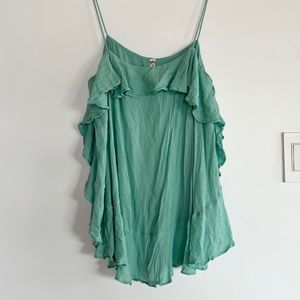 Free People Ruffle Top Size SMALL Seafoam Aqua Green Spaghetti Straps Flowy